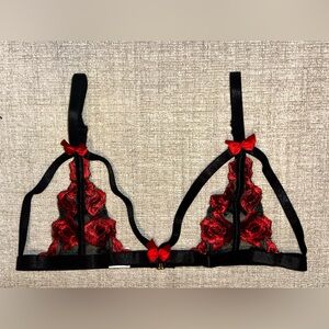 Red Black Lace Rosette Bralette Cutout Lingerie Triangle Bra Romantic Medium